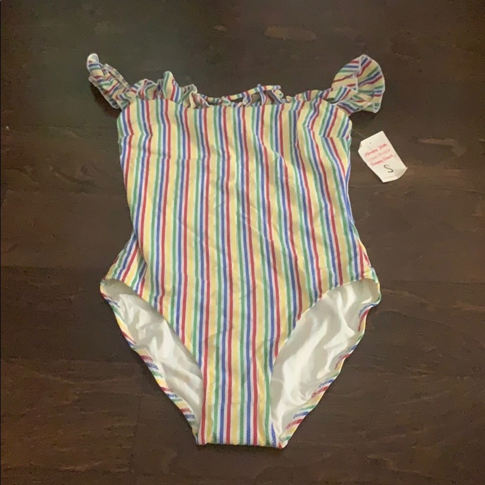 rainbow striped off the shoulder bathing suit